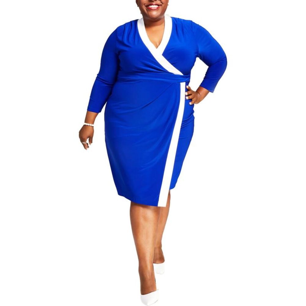 KASPER DRESS Womens Blue 3/4 Sleeve Knee Length Party Faux Wrap Dress S